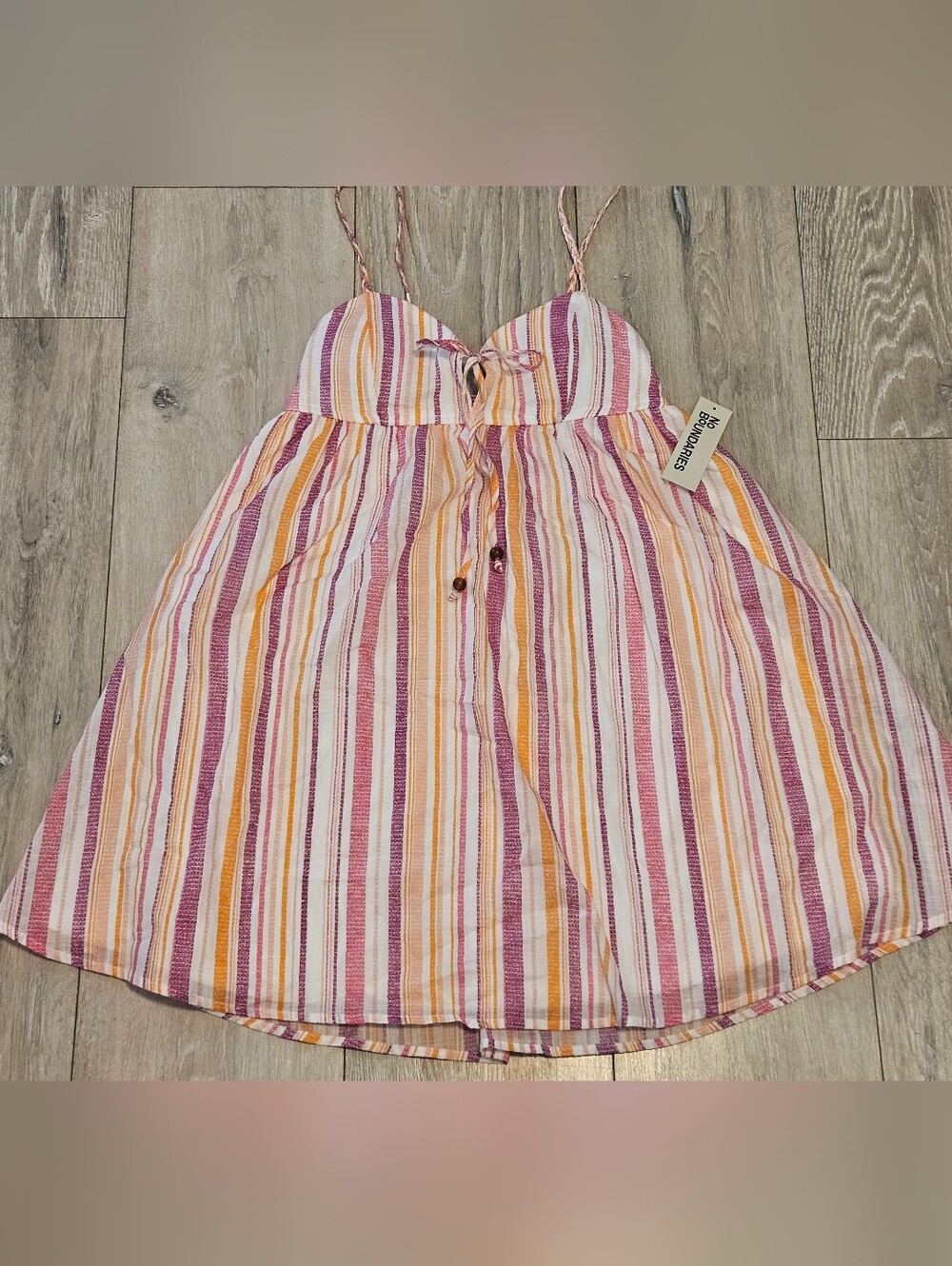 No Boundaries Cami A-Line Dress XXS 00 Winter White Striped Tie Front NWT